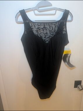 Longitude Black Slenderizing Long Torso One-Piece Swimsuit with Sheer Swirl Yoke